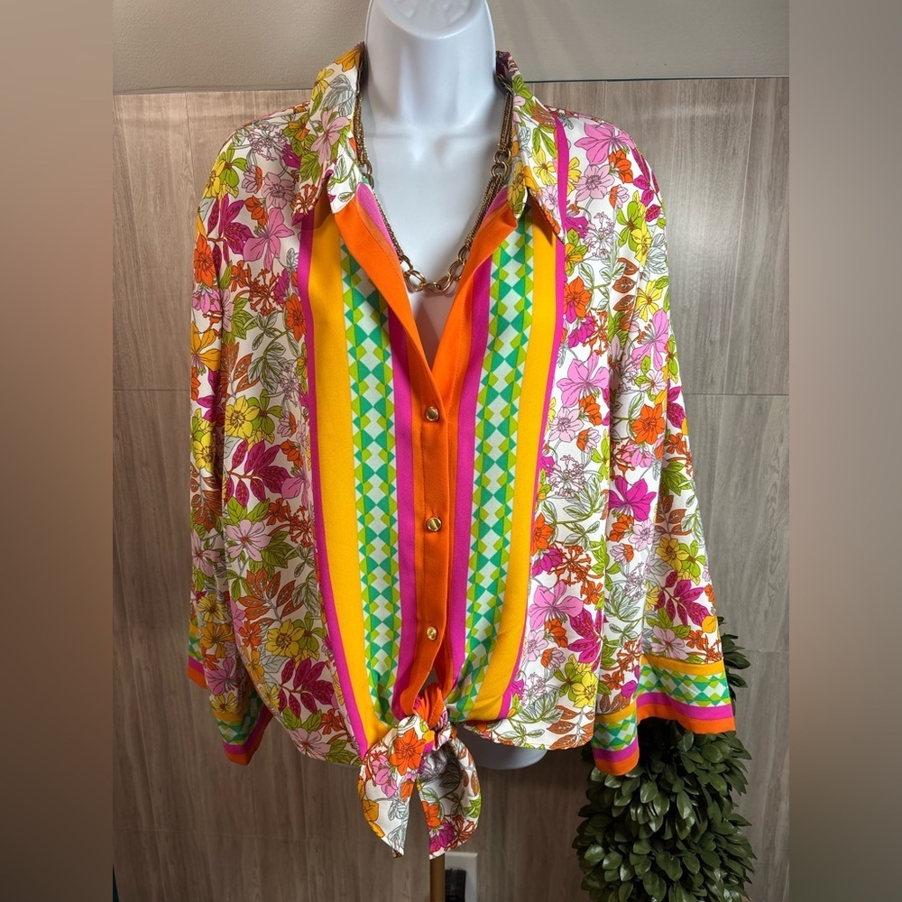 Floral & Ivy Colorful Floral Button-Up Tie Front Blouse